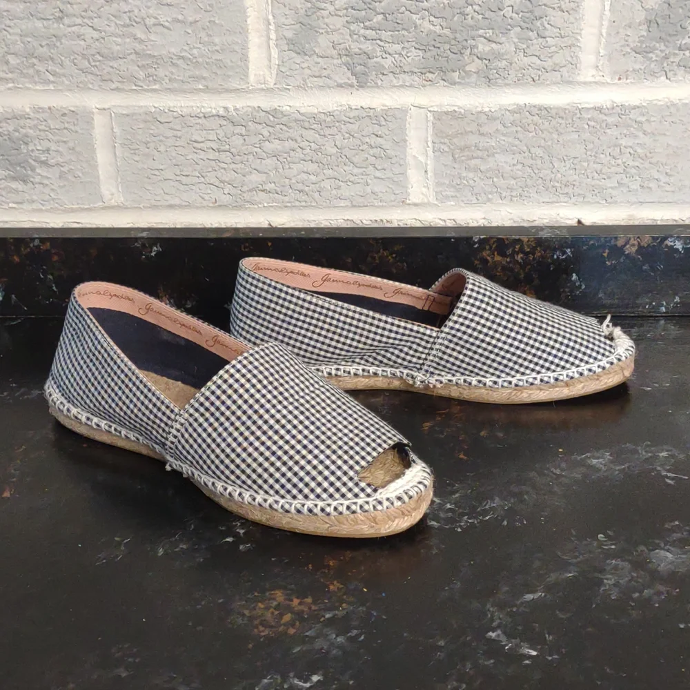 Cousu Main Women's Black/Blue Checkered Open Toe Flat Espadrilles Shoes Size 6